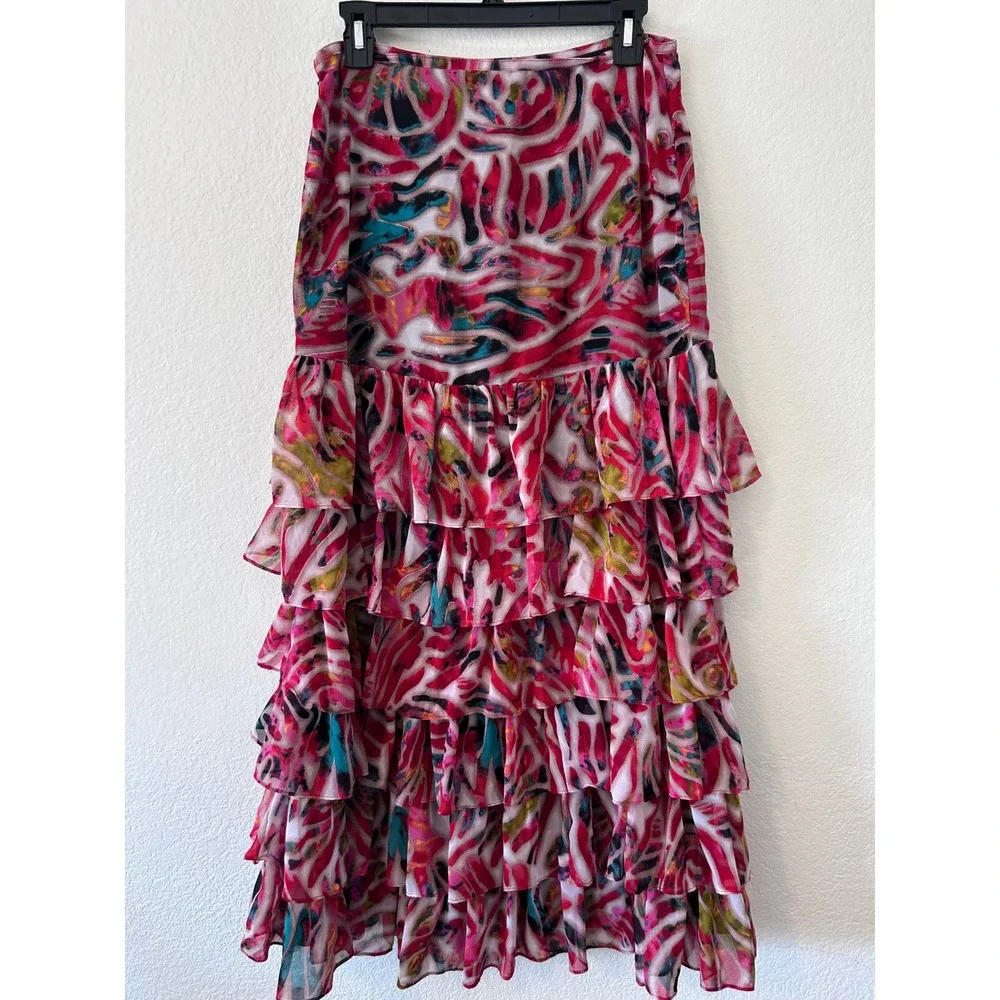 Tunique Boho Layered Frill Skirt - Pink & Blue Artistic Print - Festival Wear M‎